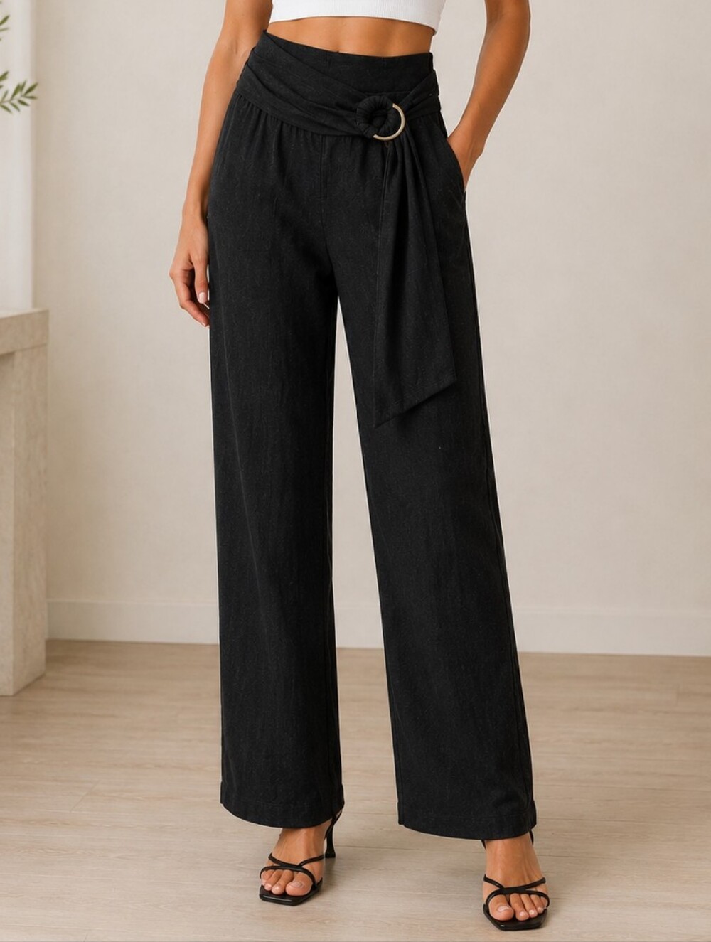 Marciano by Guess Women's Black Linen Wide Leg Pants Elastc Waist Size S